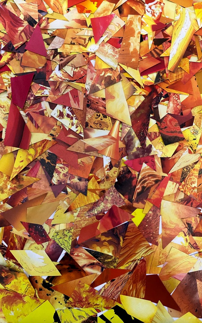 A color collage of comic book cutouts depicting flames