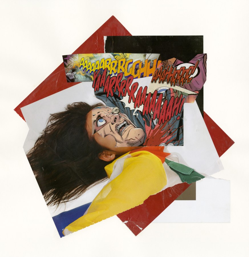 Color image of collage depicting a figure crying out in pain