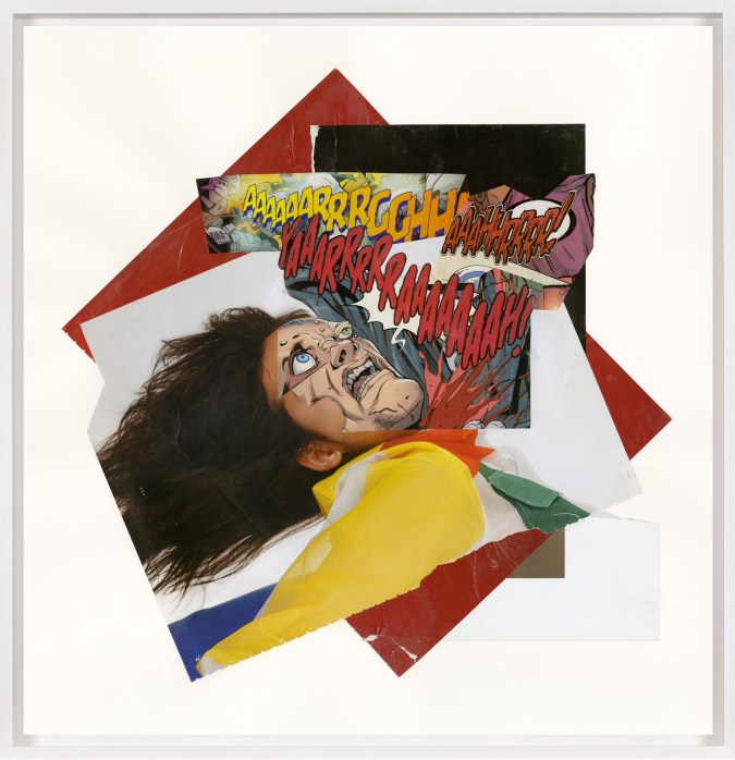 Color image of collage depicting a figure crying out in pain in white frame