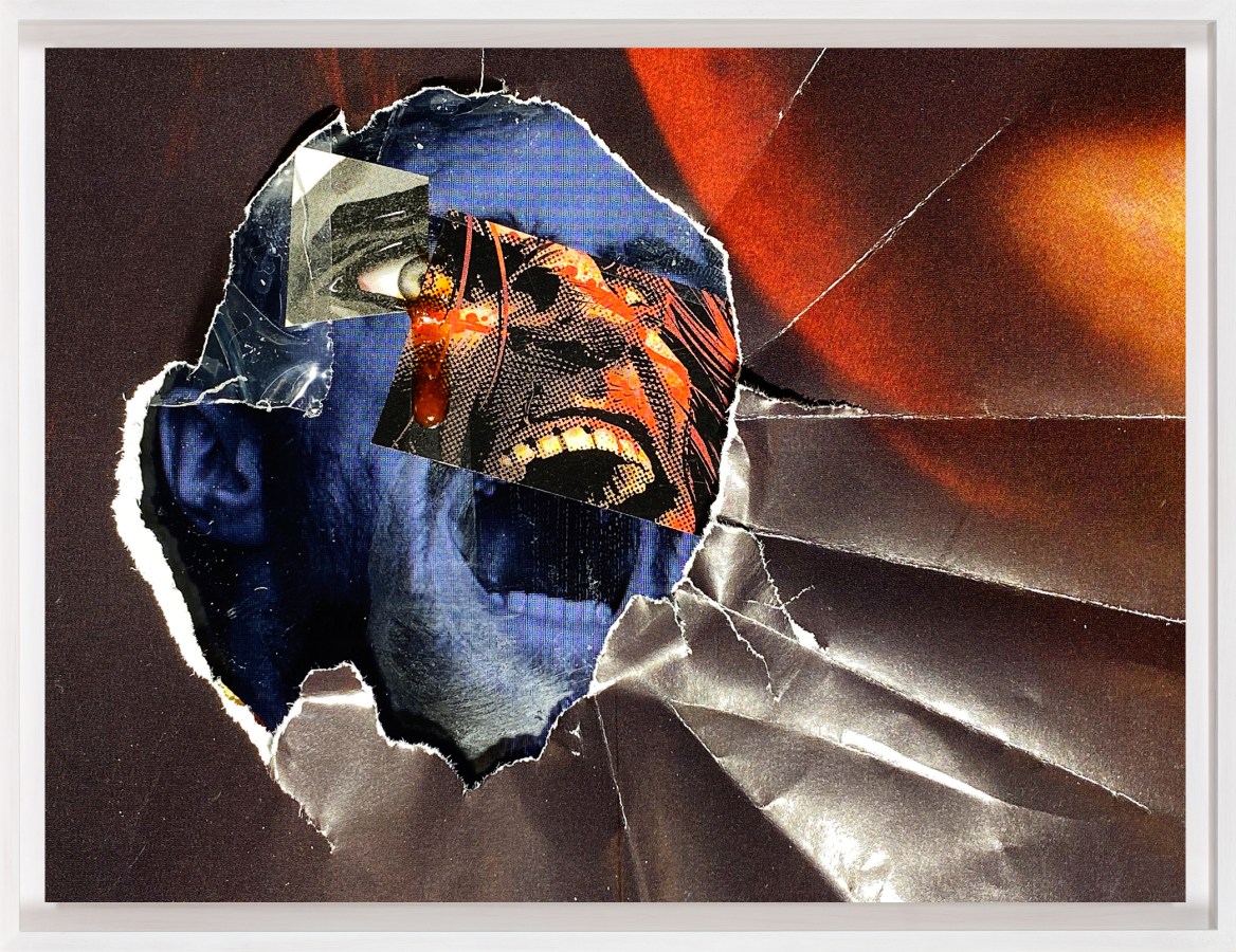 A framed collage of comic strips and creased paper, showing a screaming man