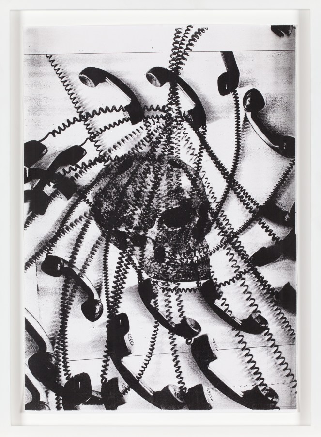 Black-and-white photocopy multiple exposure of corded telephones spiraling out from a skull.