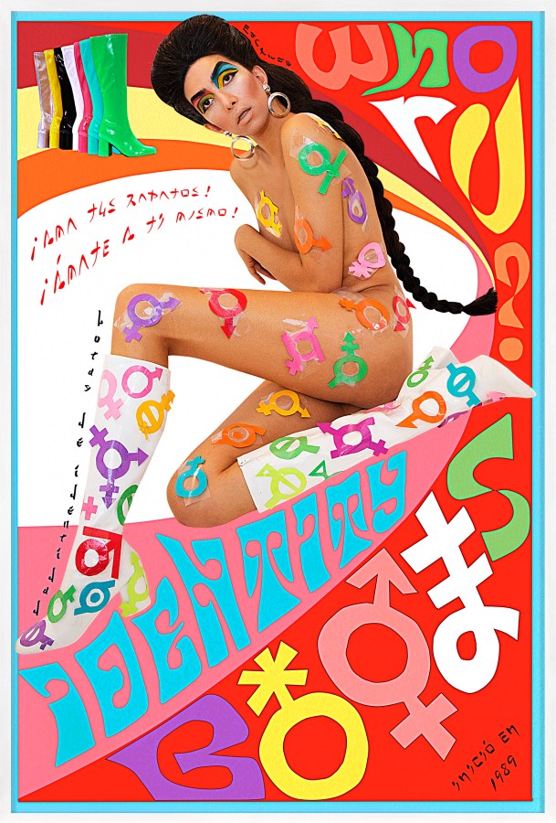 Framed collage of a woman kneeling with multicolored symbols for gender pasted on her body