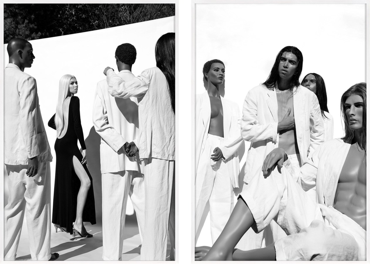 Framed black and white diptych of a person standing amidst mannequins dressed in white