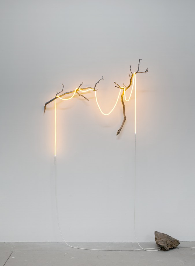 Color image of a sculpture with found branches, neon lights, and a modified rock
