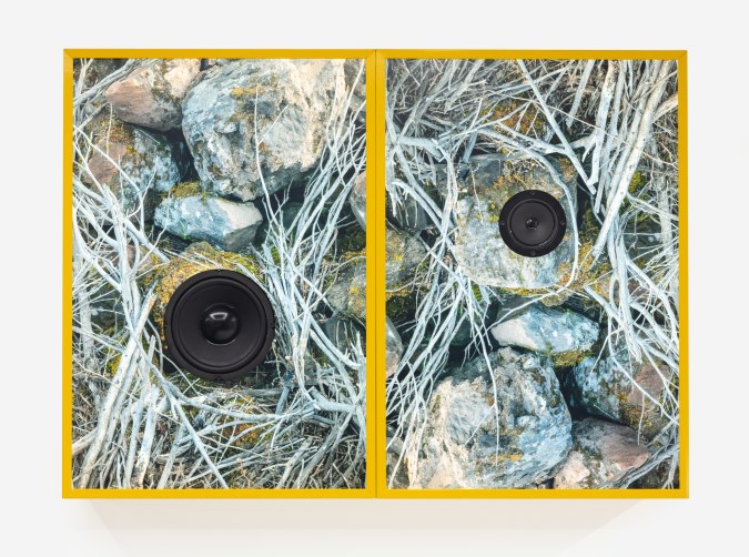 Color image of a diptych of mixed media works outlined in yellow depicting rocks and branches with two differently sized speakers on white gallery wall