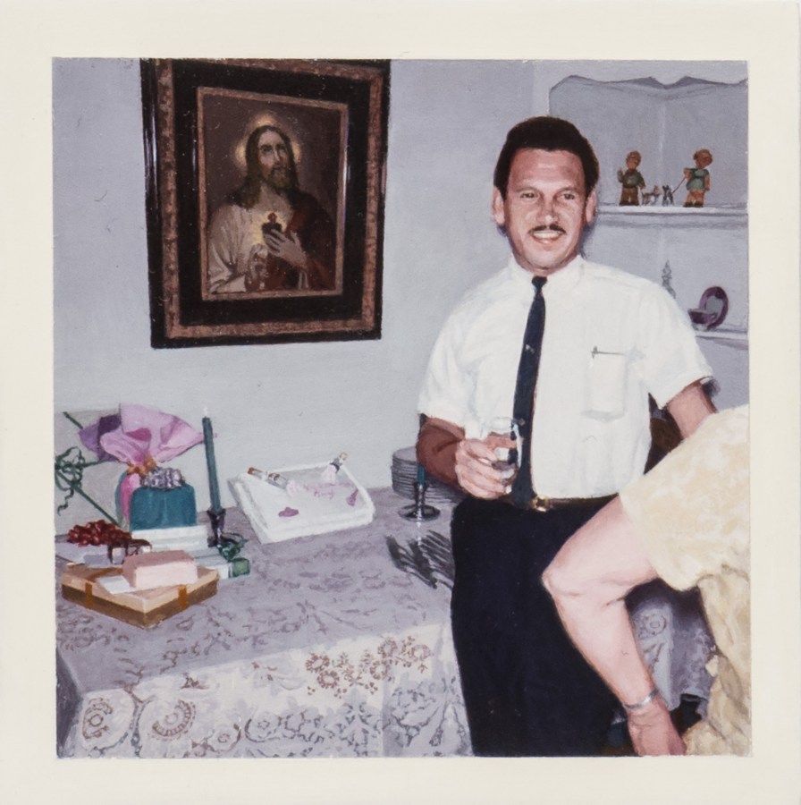 Painting of a man holding a glass standing next to a painting of Jesus and a table