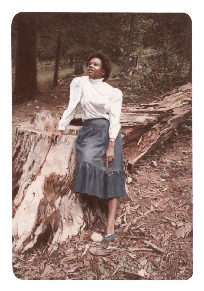 Painting of a woman leaning against a fallen tree