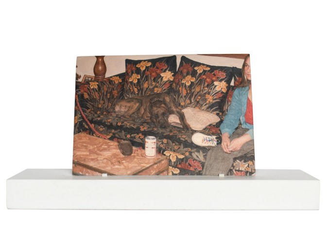 Painting of a dog and a person on a floral print couch on a wooden stand