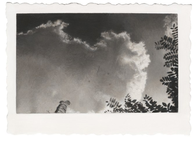 Painting of clouds and tips of tree branches