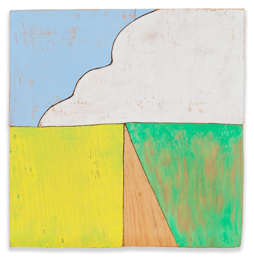 Wooden artwork with etchings and ink depicting a road and field with large white cloud