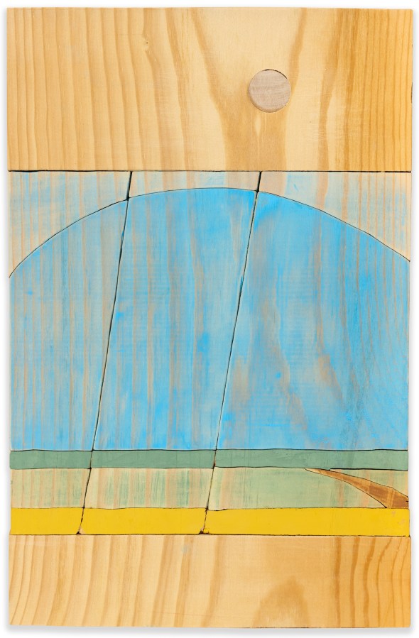 Vertical wooden artwork with etchings and ink depicting field with clear blue sky