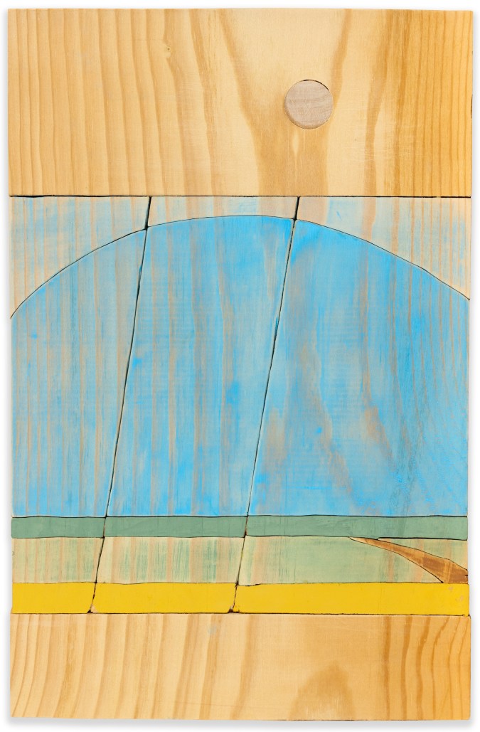 Vertical wooden artwork with etchings and ink depicting field with clear blue sky