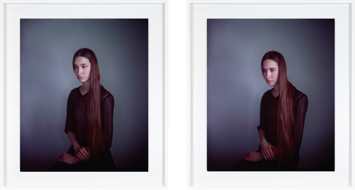 Two color photographs of a pair of female twins framed in white