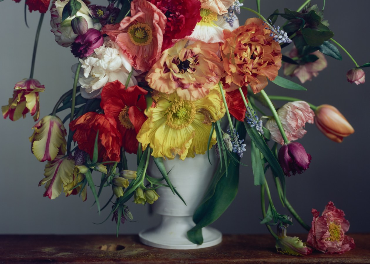 A color photograph shows a bouquet of flowers in a white vase.