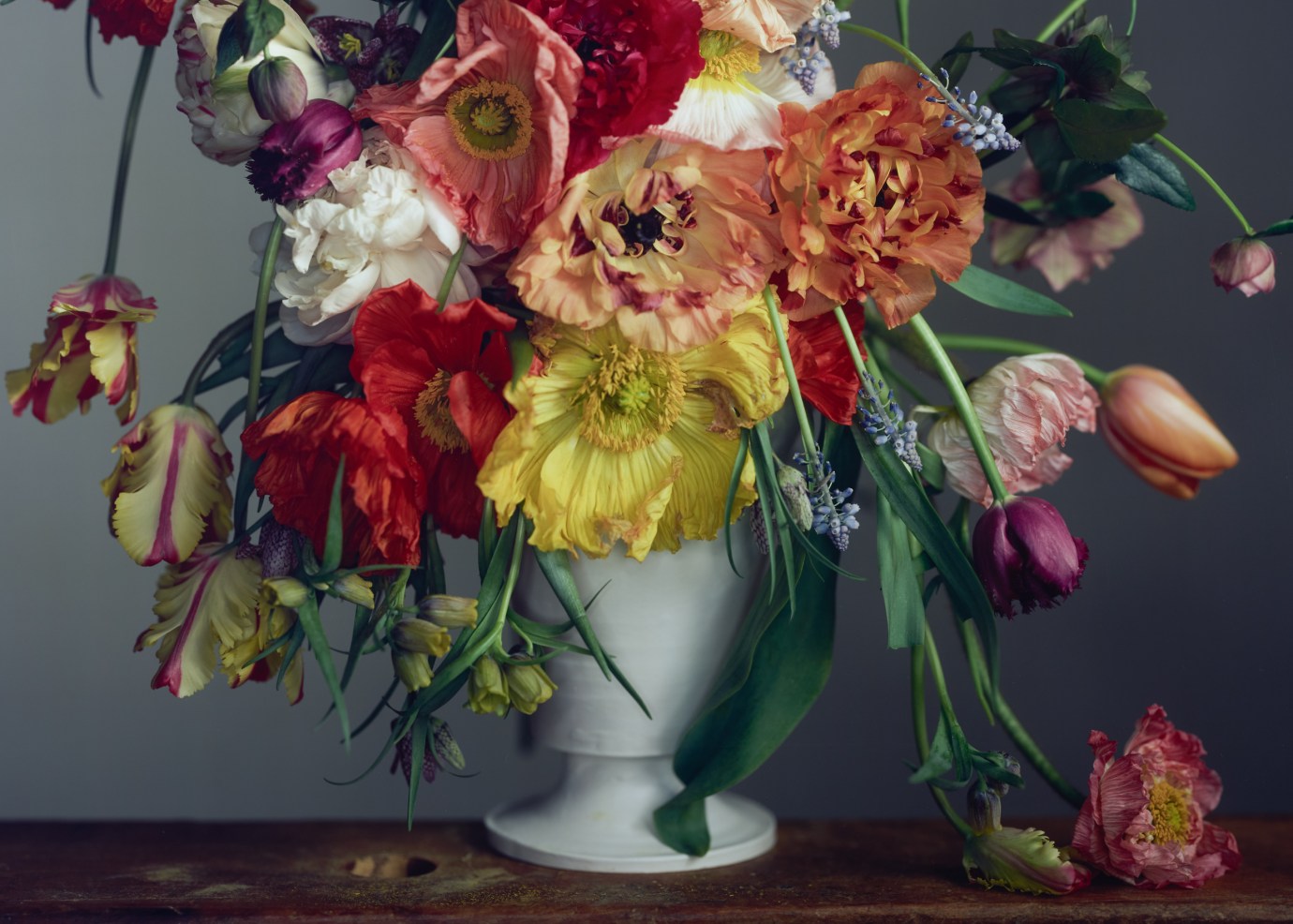 A color photograph shows a bouquet of flowers in a white vase.