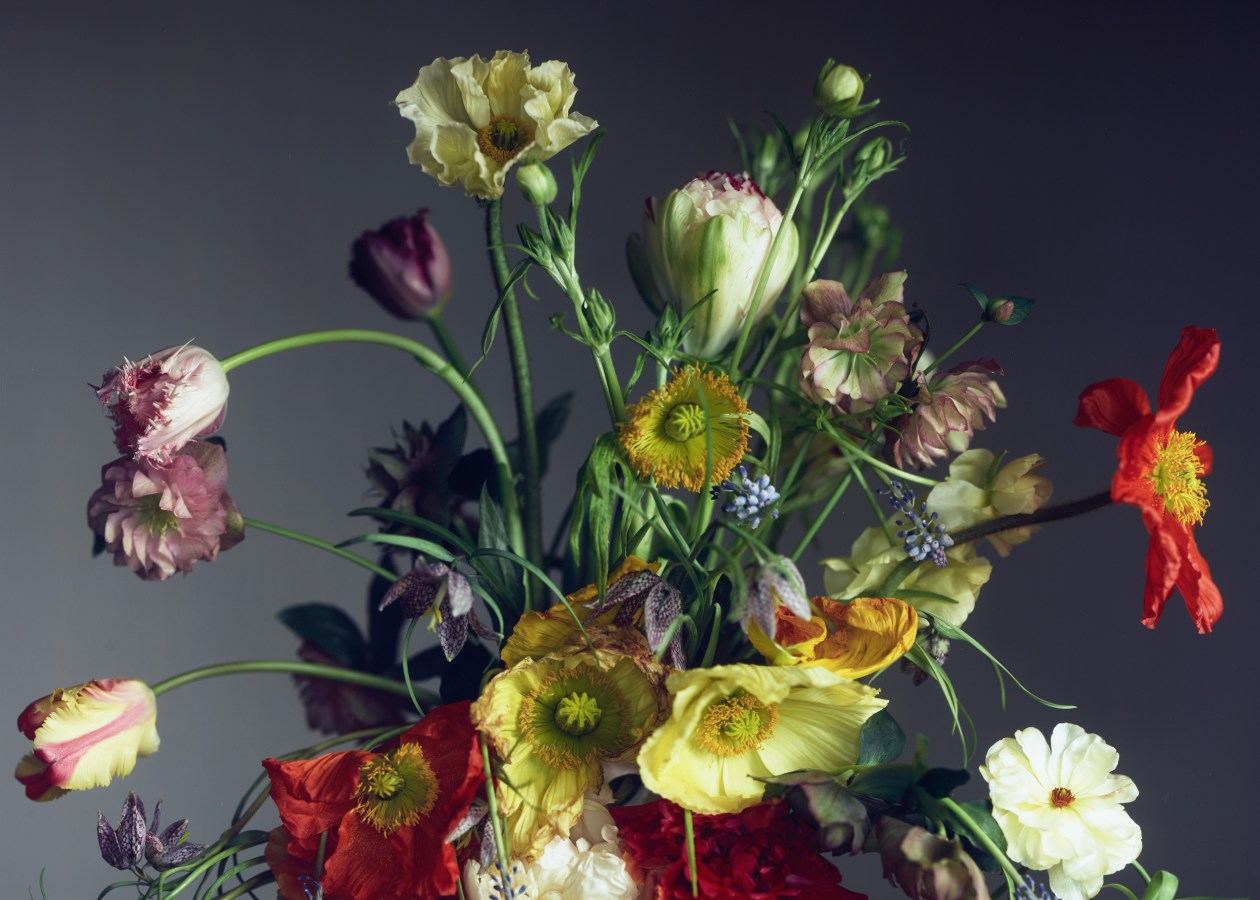 A color photograph shows a bouquet of flowers in a white vase.