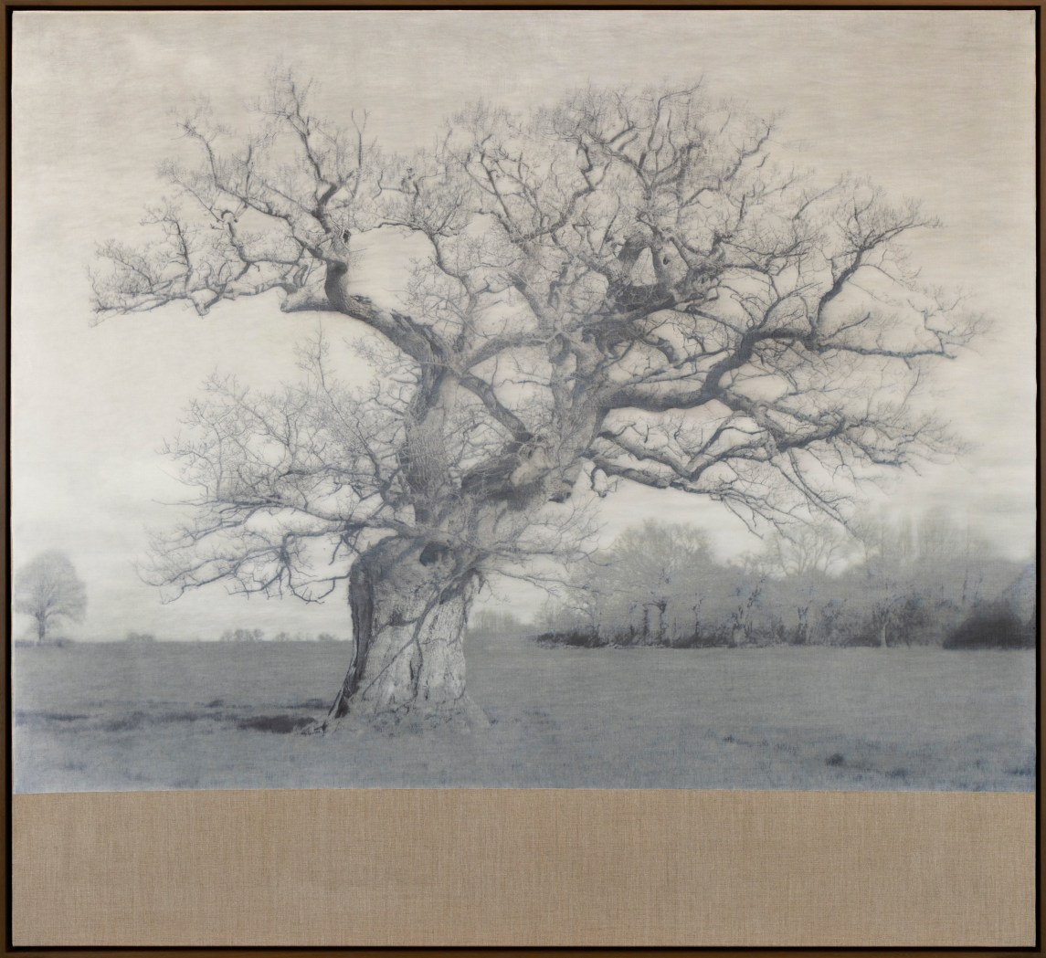 Color image of a mixed media artwork depicting a tree printed in black and white on brown canvas framed in a dark wood