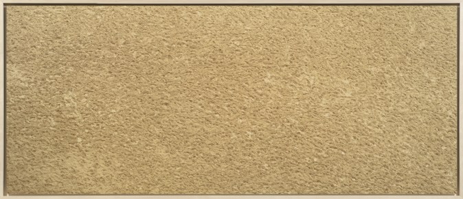 Color photograph of a sandy beach with impressions of footprints framed in bleached wood