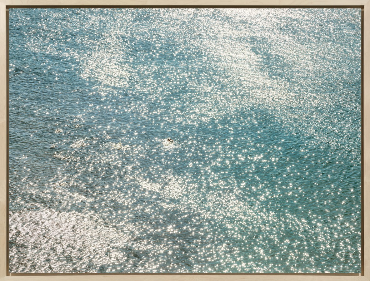 Color photograph of an open ocean with a figure swimming in the center