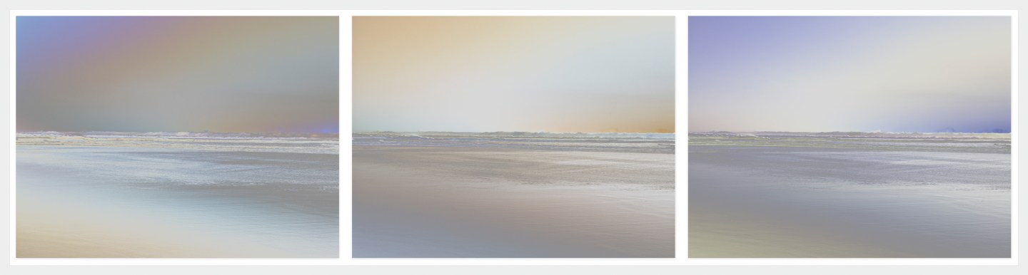 Color image of three color reversal photographs of waves breaking on the shore framed in white