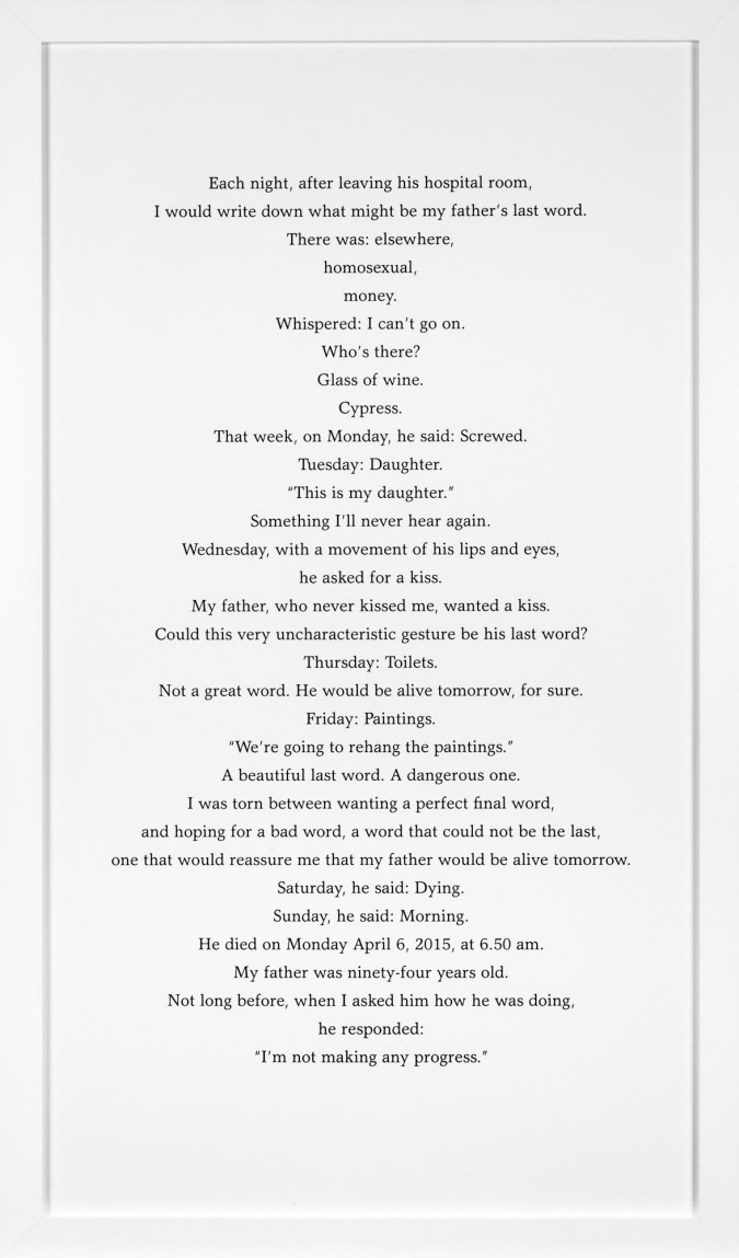 A large, vertical framed text panel describing the last days of the artist's father