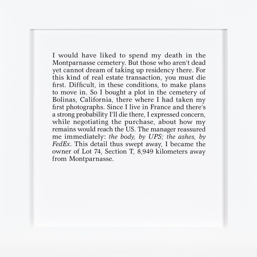 A framed square text panel describing the process of purchasing a grave