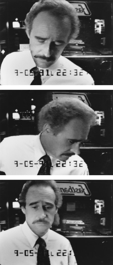 Black and white photographs of mustachioed man at ATM machine in vertical sequence