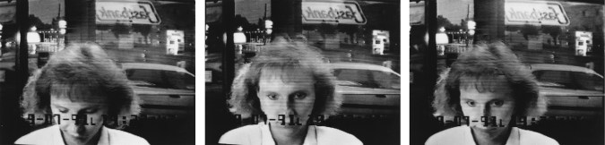 A grid of three black-and-white surveillance photographs showing a woman at an ATM