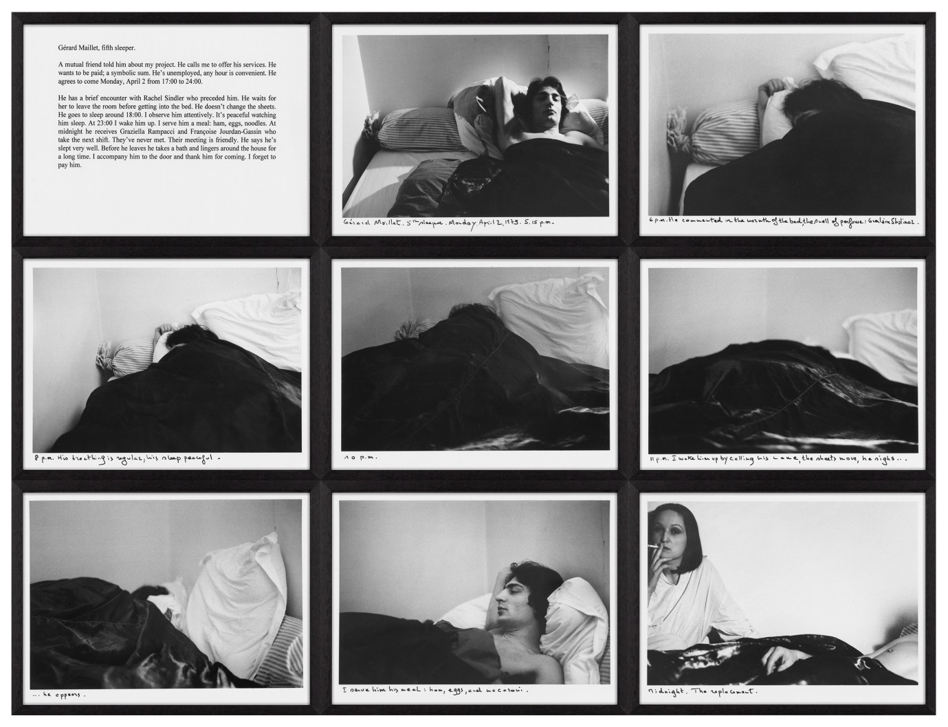 Seven black and white photographs of a figure sleeping in bed accompanied with hand written and typed text detailing the experience framed in black
