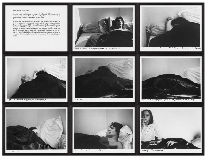 Seven black and white photographs of a figure sleeping in bed accompanied with hand written and typed text detailing the experience framed in black