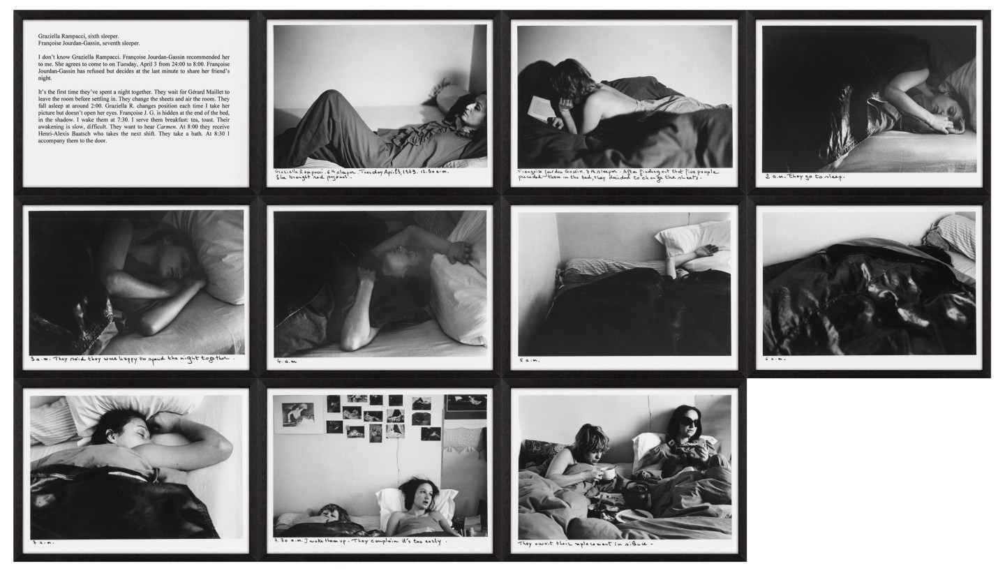 Ten black and white photographs of a two figures sleeping in bed accompanied with hand written and typed text detailing the experience framed in black