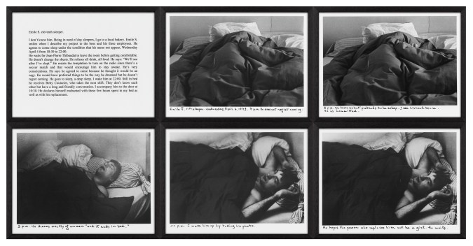 Five black and white photographs of a figure sleeping in bed accompanied with hand written and typed text detailing the experience framed in black