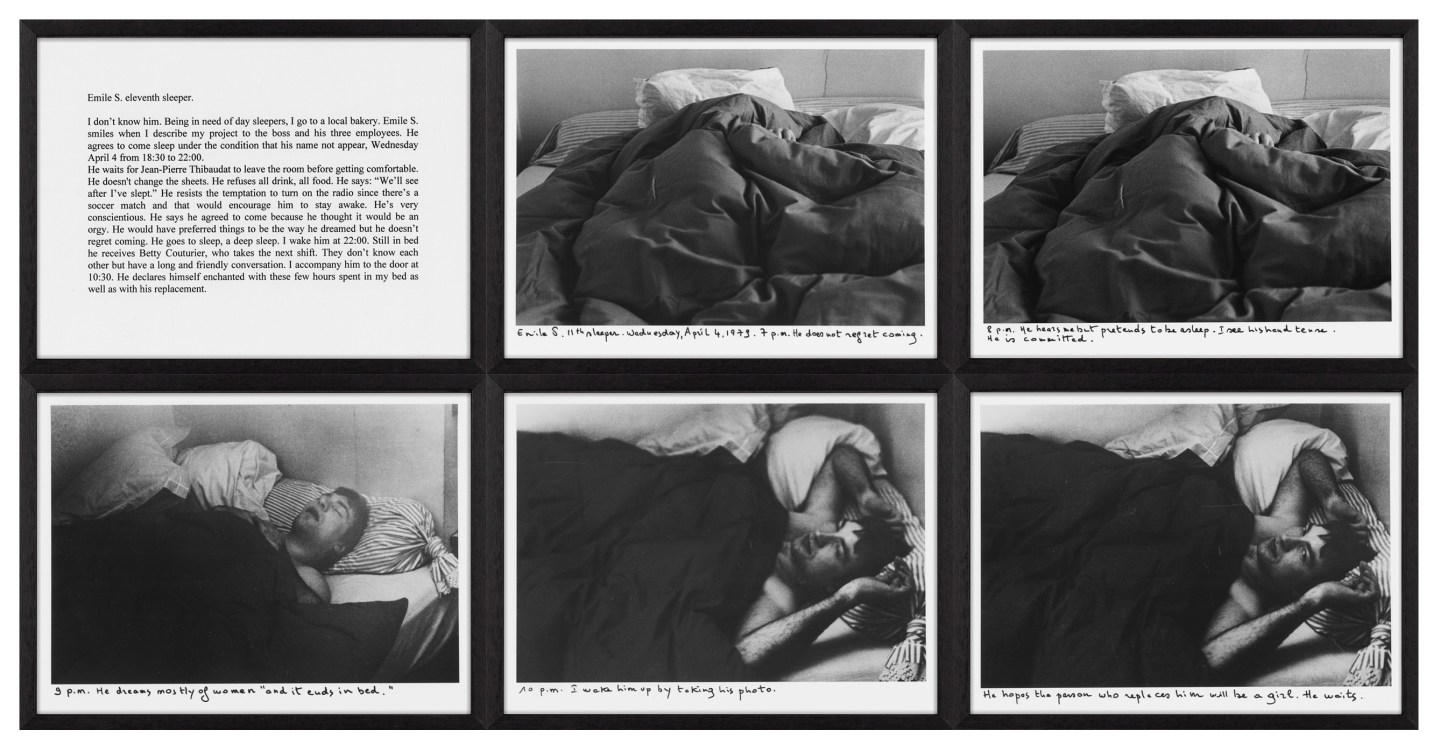 Five black and white photographs of a figure sleeping in bed accompanied with hand written and typed text detailing the experience framed in black