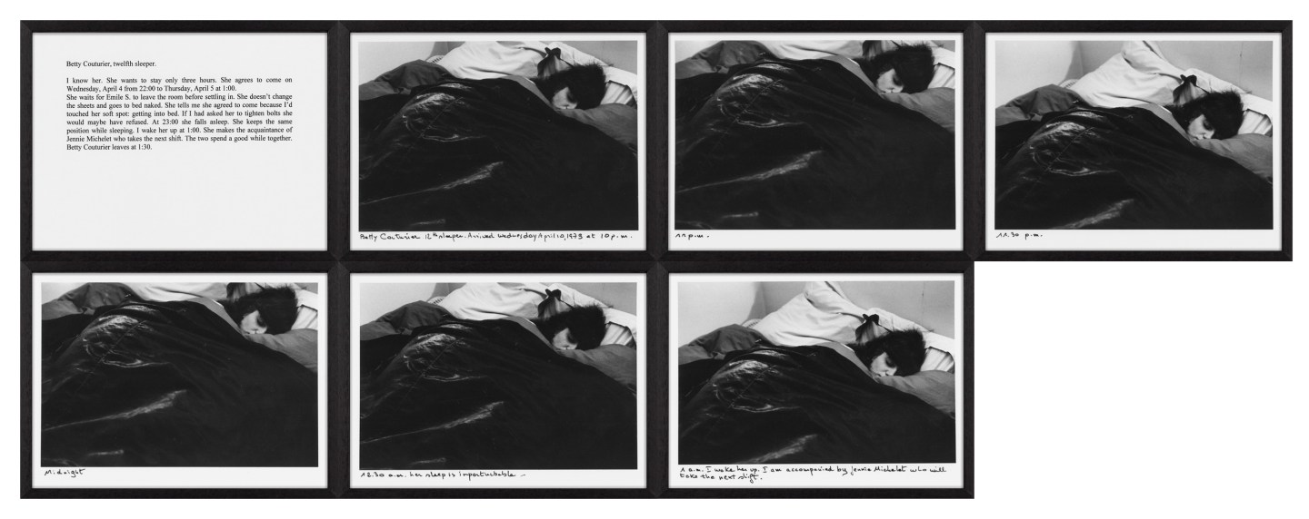 Six black and white photographs of a figure sleeping in bed accompanied with hand written and typed text detailing the experience framed in black