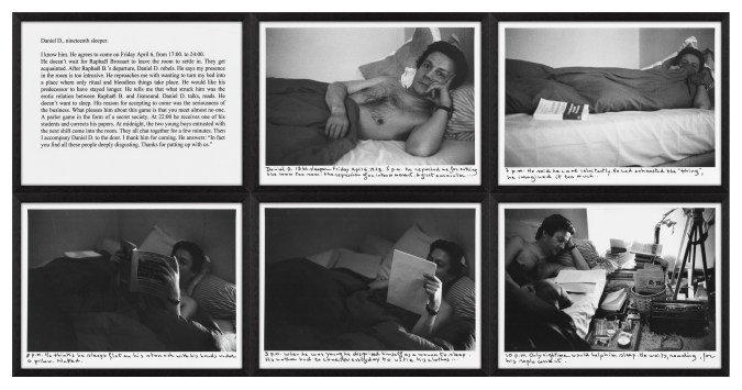 Five black and white photographs of a figure sleeping in bed accompanied with hand written and typed text detailing the experience framed in black