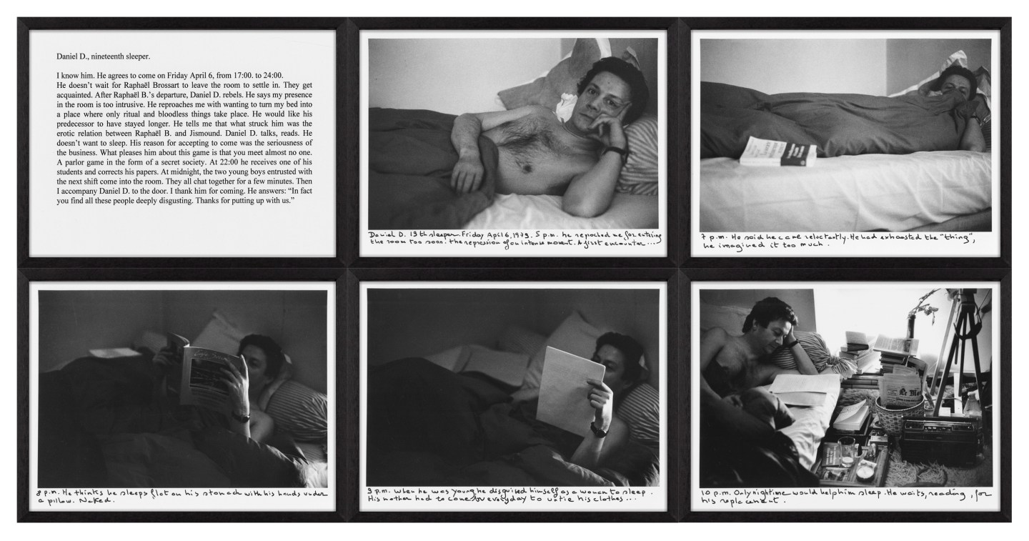 Five black and white photographs of a figure sleeping in bed accompanied with hand written and typed text detailing the experience framed in black