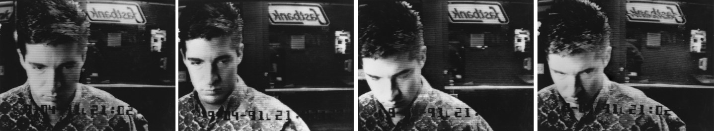 Four black and white photographs of a man at an ATM in a horizontal sequence
