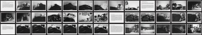 Suite of black and white photographs with text panels depicting and describing several subjects sleeping in a bed framed in black