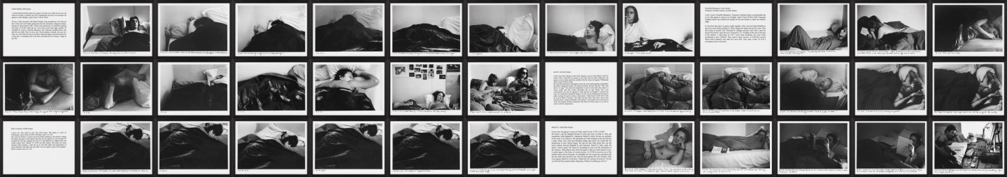 Suite of black and white photographs with text panels depicting and describing several subjects sleeping in a bed framed in black