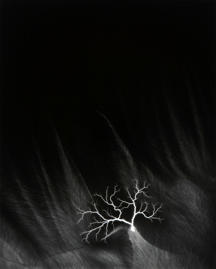 Black and white photograph of lighting striking