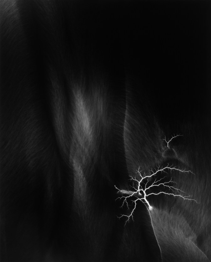 Black and white photograph of lighting striking against black background