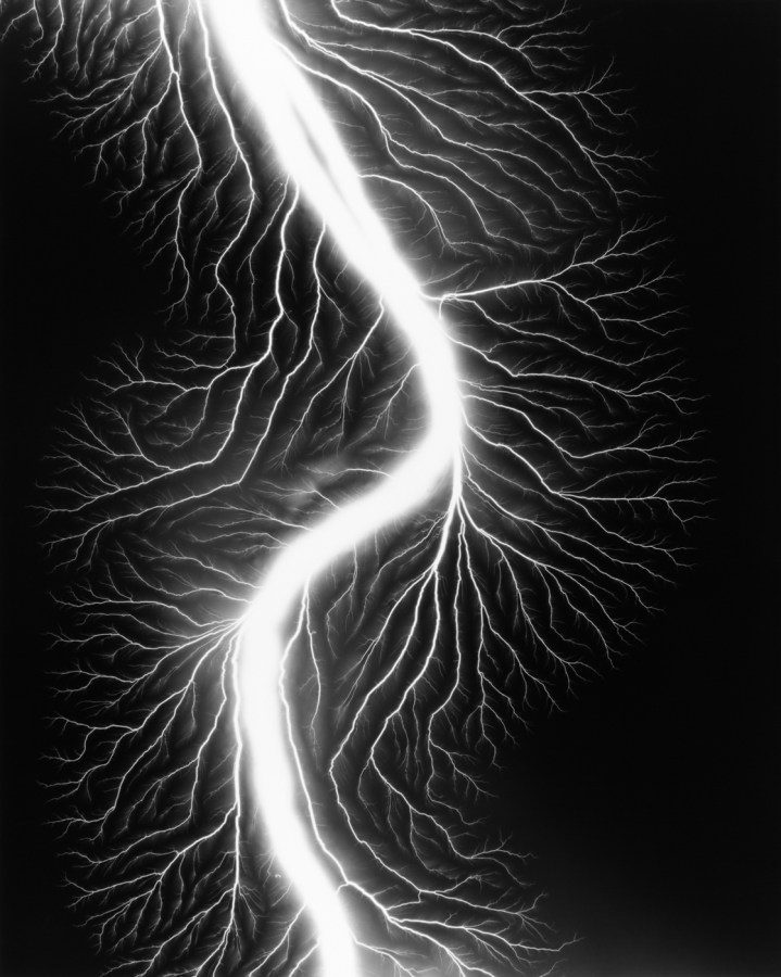 Black and white photograph of lighting striking