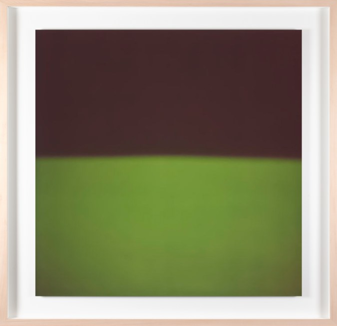 A framed photograph of a bright green color field, with black in the top half.