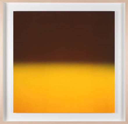 A framed photograph of a black and yellow color field