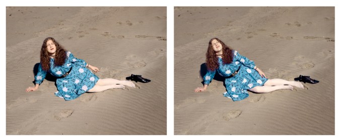 Color photographic diptych of a woman in a blue flowered dress reclining on a sandy shore