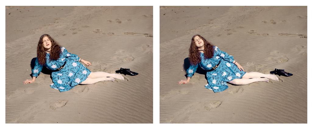 Color photographic diptych of a woman in a blue flowered dress reclining on a sandy shore