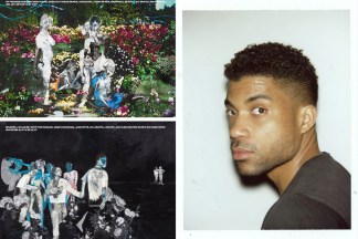 Two collaged artworks side by side with a photograph of the artist