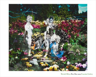 Color image of a poster with a mixed media artwork depicting several figures within a verdant background made of collaged images