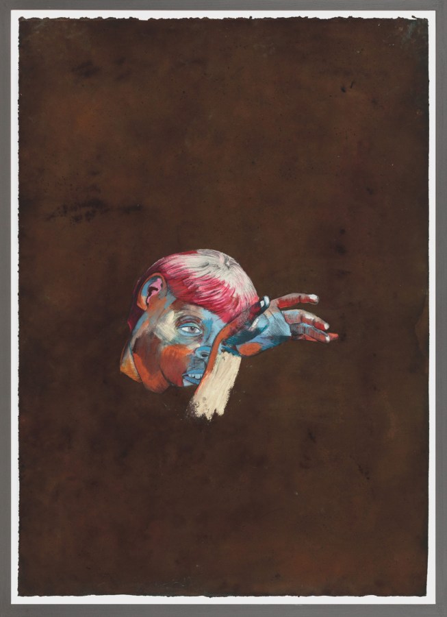 A framed drawing of an abstract multi-hued face and hand, floating on a brown color field.