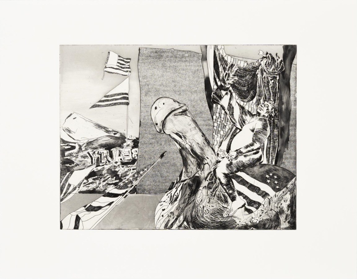 Black and white etching of a figure riding a large phallus with distortions of American flags throughout